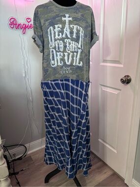 Anna Wilson "Death to the Devil" on-of-a-kind upcycled Graphic Maxi Dress sz LXL